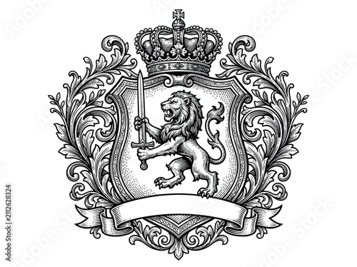 Lion holding sword and shield. Heraldic warrior lion mascot vector illustration.