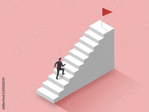Businessman climbing tall isometric staircase toward red goal flag