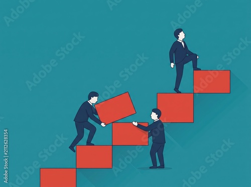 Three businessmen stacking red blocks to build rising staircase