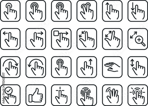 Touchscreen gesture icons set. Hand finger swipe and tap symbols for mobile interface.