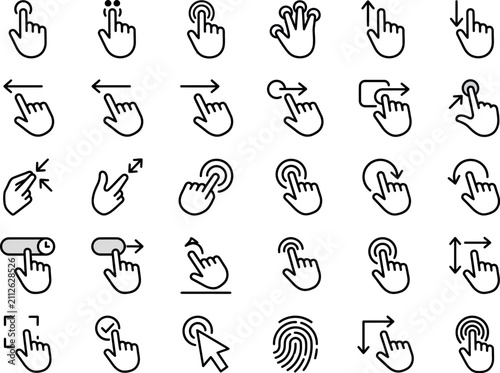 Touchscreen gesture icons set. Hand finger swipe and tap symbols for mobile interface.