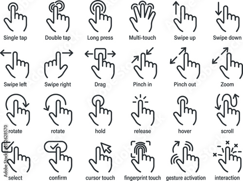 Touchscreen gesture icons set. Hand finger swipe and tap symbols for mobile interface.