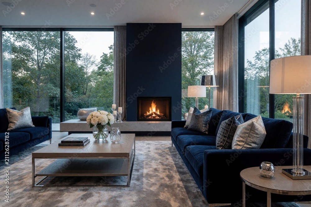 Obraz premium Luxury living room interior with navy blue sofas, modern fireplace. Floor to ceiling windows overlook green forest view. Stylish home furniture coffee table, floor lamps create cozy atmosphere.