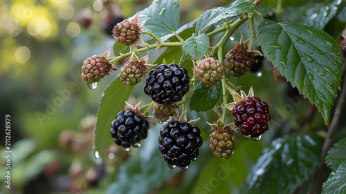Ripe Blackberries And Unripe Berries On A Branch With Water Droplets blackberry fruit