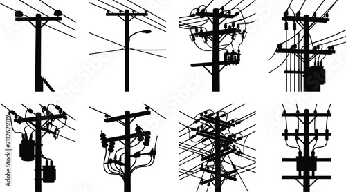 Collection of electric utility pole and distribution line silhouettes for energy infrastructure and grid maintenance design