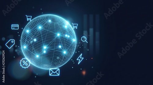 Glowing wireframe globe with global trade network icons on dark background