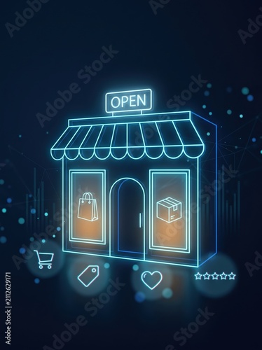 Glowing neon storefront with OPEN sign and shopping icons on dark background