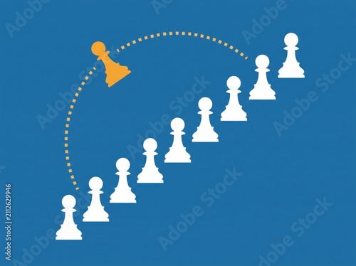 Orange chess pawn leaping over white pawns in ascending row