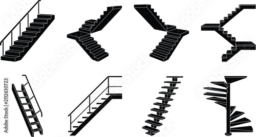 Collection of modern staircase silhouettes featuring diverse architectural stairway designs for interior and building structure projects