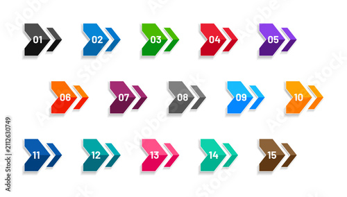 Set of geometric bullet points numbers in arrow style from one to fifteen, isolated on white background. Vector illustration.