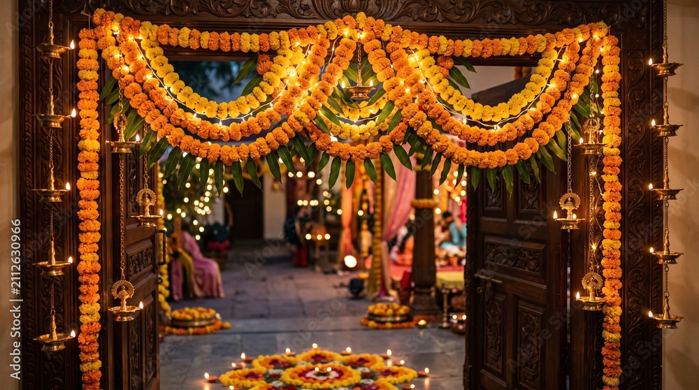 Fototapeta premium Traditional indian home entrance decorated with marigold flowers and glowing oil lamps for a festive celebration