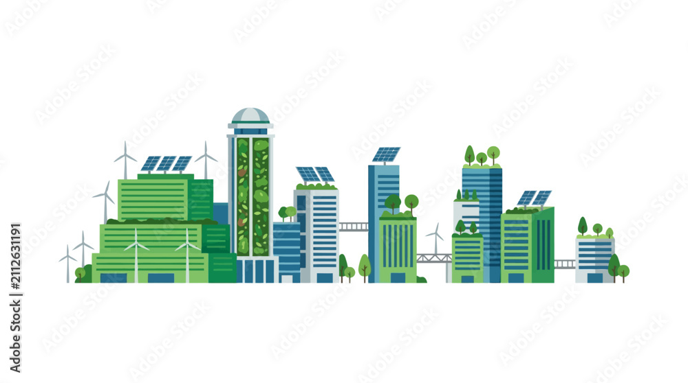 Fototapeta premium Sustainable city skyline with green buildings, solar panels, and wind turbines