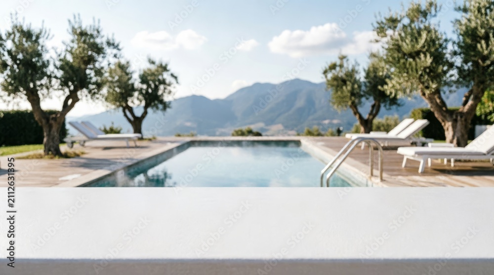 Fototapeta premium Luxury Pool with Olive Trees and Mountain View for Web Design