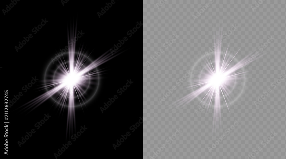 Fototapeta premium Abstract white star burst light effect with glowing rays isolated on black and transparent background for design projects