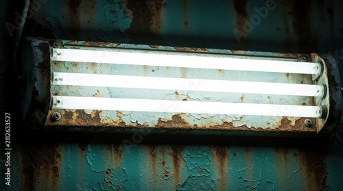 Old fluorescent light lamp hangs on painted metal wall with orange rust. Weathered industrial object glows in dark interior space. Vintage lamp fixture shows paint peeling away, textured surface.