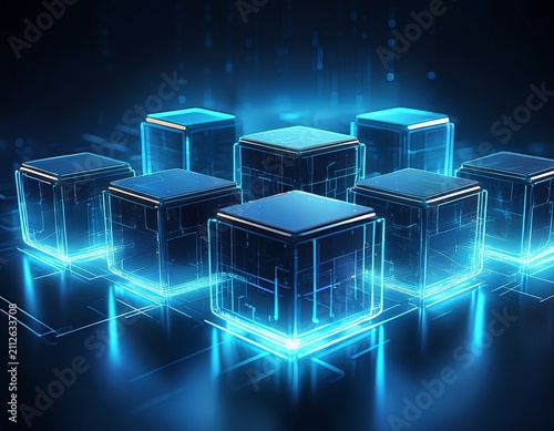 minimalist futuristic scene showing glowing blue light cubes on dark reflective surface representing blockchain technology data security and structured digital architecture for modern business