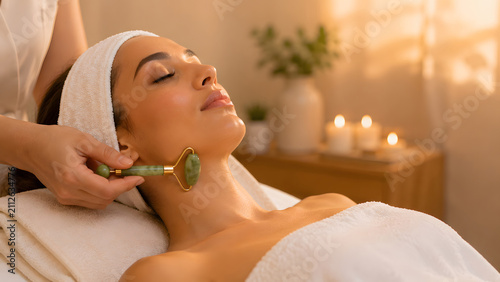 Woman receives lymphatic drainage facial massage with a jade roller tool during a relaxing professional spa treatment.