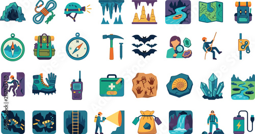 Obraz na plátne 32 Colorful Flat Cave Exploration Spelunking Icon Set - Caving Equipment Map Bat
