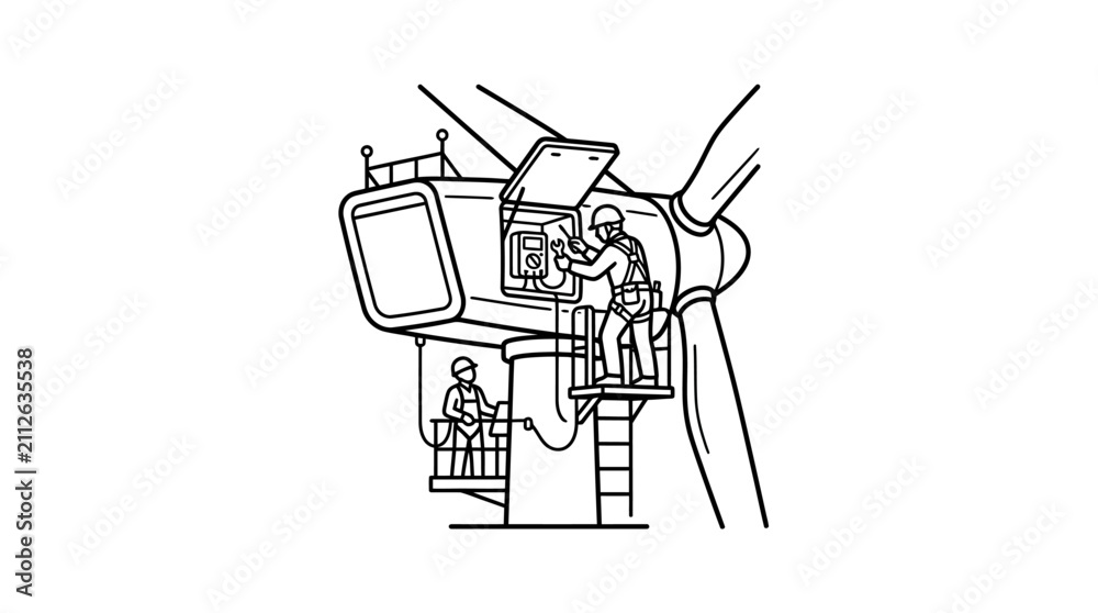 Obraz premium Elegant Black and White Line Drawing of Wind Turbine Maintenance with Technicians Working Inside the Nacelle