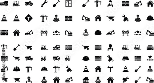 Construction and Building Tools Flat Vector Icon Collection Featuring Hammer, Drill, Crane, Helmet, Blueprint, Worker Equipment and Engineering Symbols