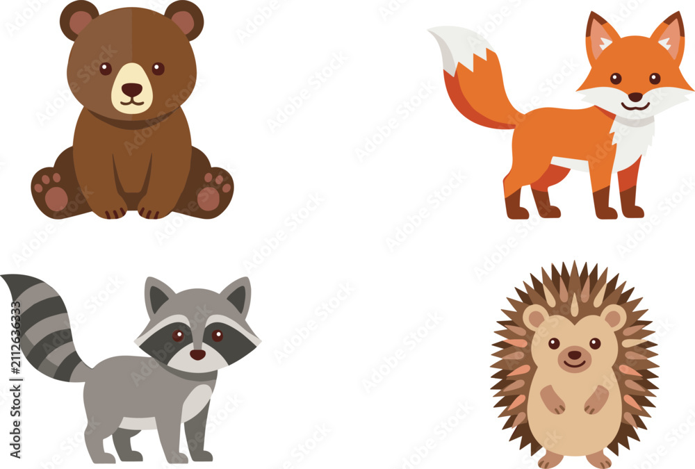 Obraz premium Cute Flat Design Woodland Animal Vector Character Set Featuring Baby Bear Red Fox Raccoon and Hedgehog Illustrations for Nursery Decor