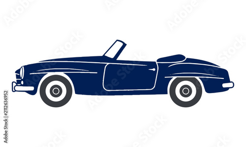 Sleek minimalist side profile silhouette of a vintage sports convertible car isolated on a white background, retro automotive lifestyle concept