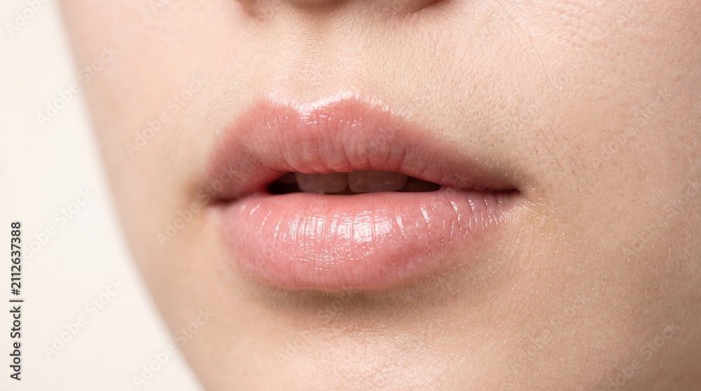 Naklejka premium Young Japanese woman lips close-up in a bright indoor studio setting, natural beauty and skincare concept, great for wellness and self care marketing