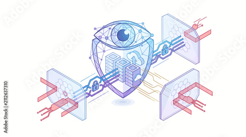Abstract Digital Eye with Shield and Network Connections.