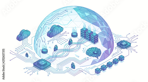 AI Cloud Cybersecurity Concept with Protective Dome Shield, Server Infrastructure, and Encrypted Network Vector Illustration