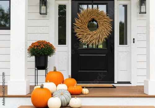Modern farmhouse porch features a rustic wheat wreath on the black door, surrounded by orange and white pumpkins on wood steps for fall, steps, celebration, rustic