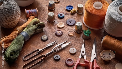 sewing tools and supplies laid out on a table for crafting
