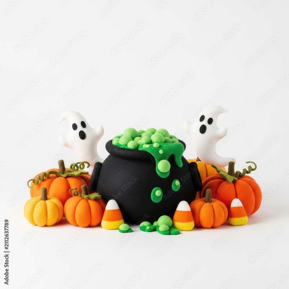 Fototapeta premium This wide Halloween scene showcases a soft felt cauldron with bubbling green texture surrounded by handcrafted textile pumpkins and decor, textile, brew, bubbling