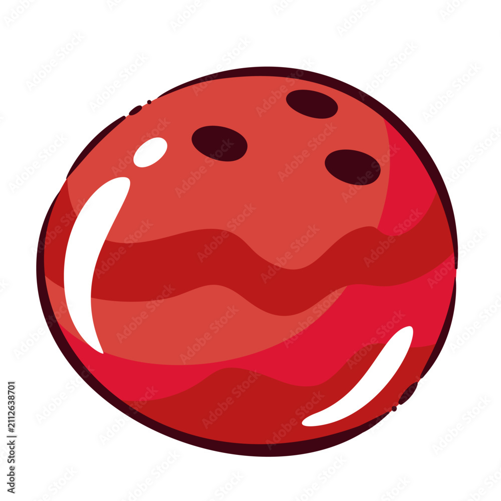 Fototapeta premium Bowling ball with three finger holes and glossy red surface. Sports club, tournament and game graphics featuring a bowling ball, cartoon vector illustration.