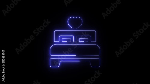Neon blue outline icon of a double bed with a heart shape above it on black background glowing line art
