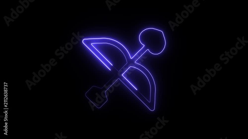 Neon blue line art illustration of a bow and arrow cupid symbol on a black background an glowing outline
