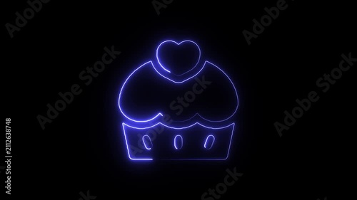 Glowing neon blue cupcake icon with heart topper on black background a line art illustration of a topped