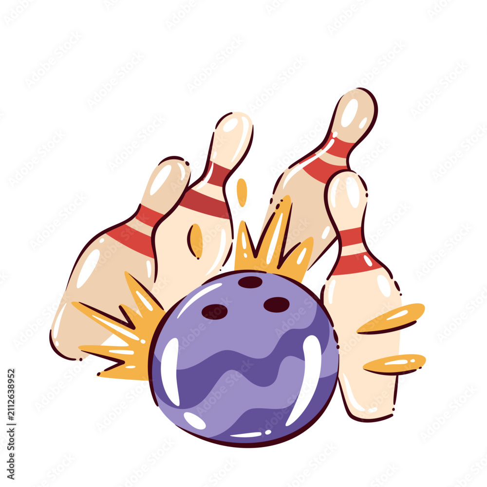 Fototapeta premium Bowling strike with a purple ball crashing into pins and impact bursts. Sports club, tournament and game graphics show a bowling strike, cartoon vector illustration.