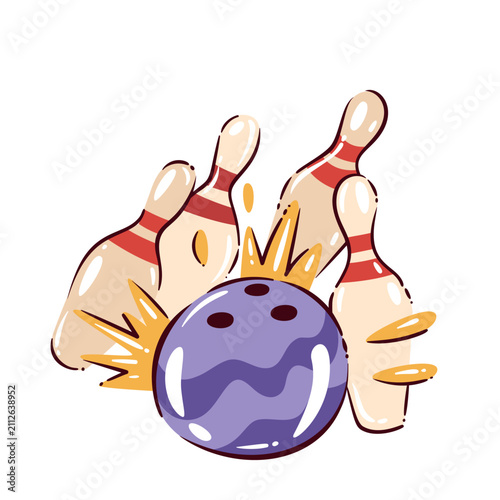 Bowling strike with a purple ball crashing into pins and impact bursts. Sports club, tournament and game graphics show a bowling strike, cartoon vector illustration.