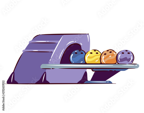 Bowling ball return with four colorful balls on a raised track beside the lane. Bowling club and alley graphics featuring a bowling ball return, cartoon vector illustration.