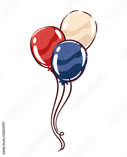 Party balloons in red, blue and cream with long curling strings. Birthday, celebration and event graphics featuring party balloons, cartoon vector illustration.