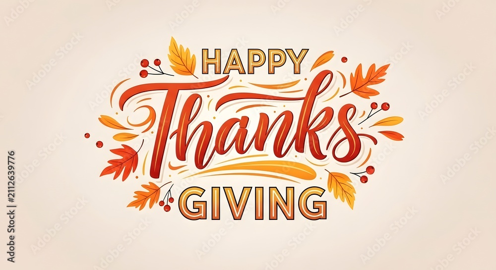 Fototapeta premium Decorative hand lettering design for a happy thanksgiving day celebration with colorful autumn leaves and fall foliage