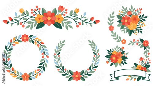Set of floral frames wreaths and decorative elements.