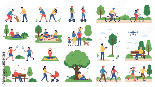 People enjoying outdoor park activities diverse group.