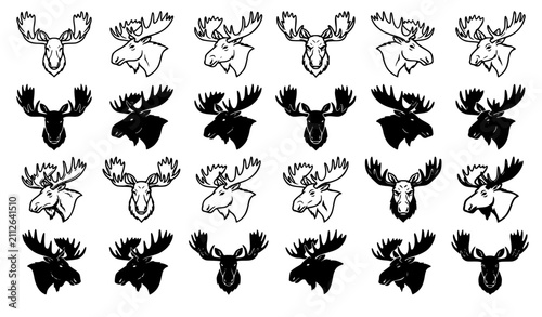 Black Moose Head Silhouette and Outline Wildlife Vector Collection