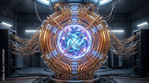 This beautiful and highly detailed stock photograph captures a glowing futuristic quantum computer core with complex golden wiring in a dark laboratory space right there.