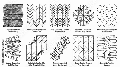 A collection of various origami folding patterns and geometric paper crease designs.
