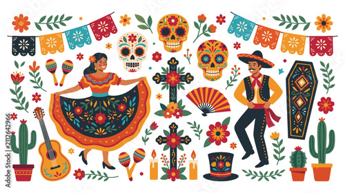 Bild auf Leinwand Mexican day of the dead festive cultural element icons.