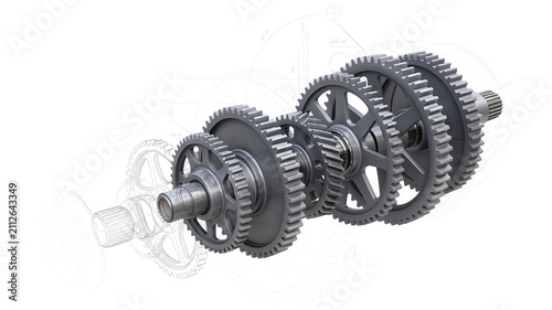 Exploded View of a Mechanical Gearbox Assembly with Technical Schematics gears engineering