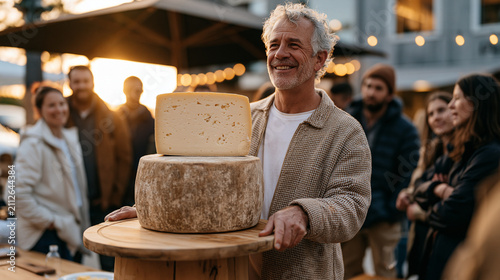 cheesemonger presenting an aged wheel to a circle of tasters at golden hour outdoor artisan market weekly review reflection group moment specialty food community gathering