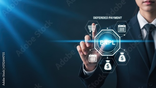 Buy now pay later businesswoman touching virtual interface representing bnpl payment option and deferred payment methods with shopping cart calendar and money